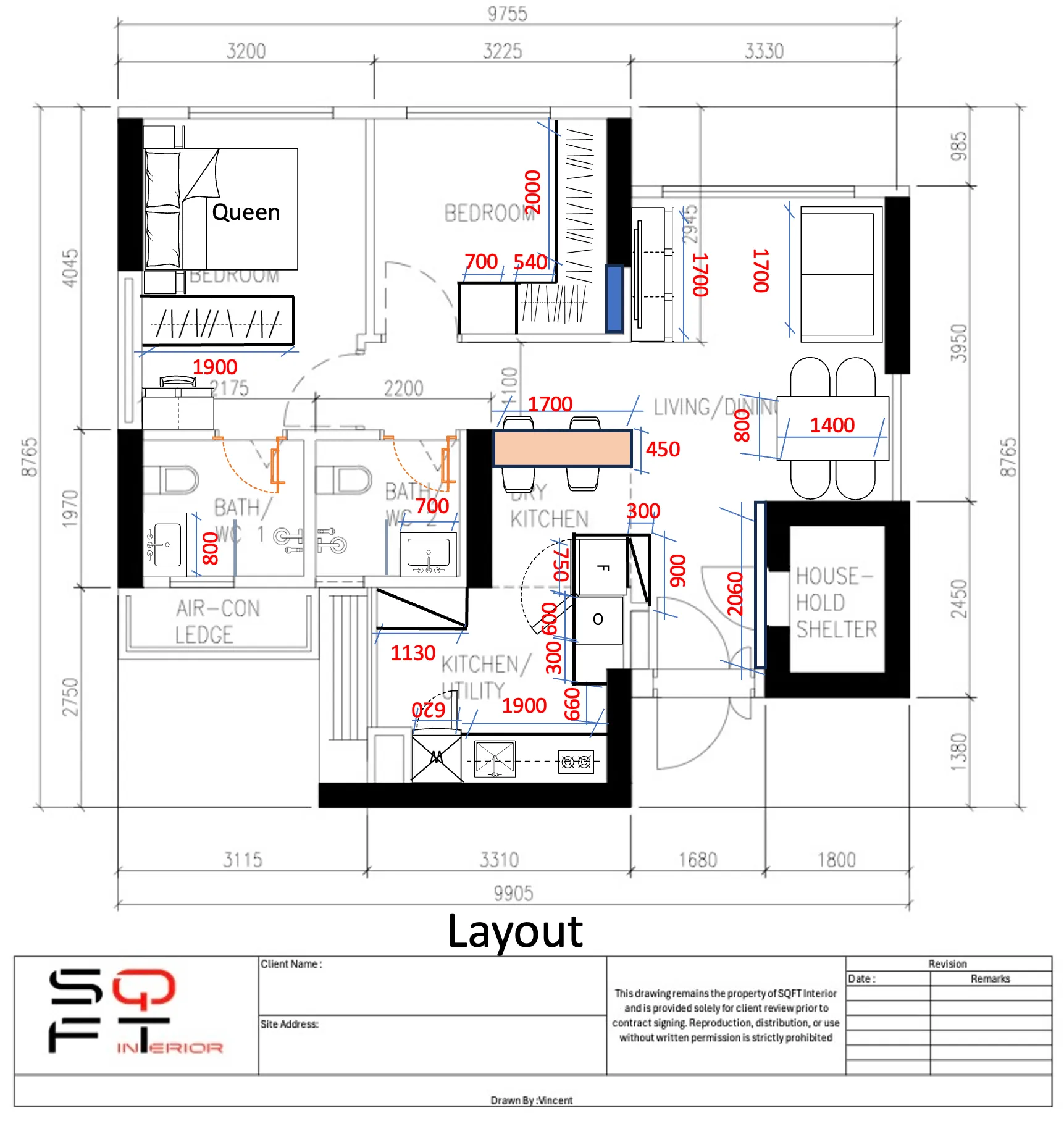 An example floor plan with a proposed furniture layout