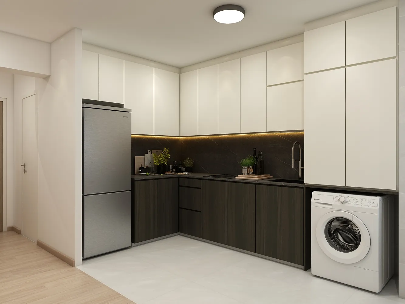 A 3D kitchen design with pale cabinetry and wood finishes