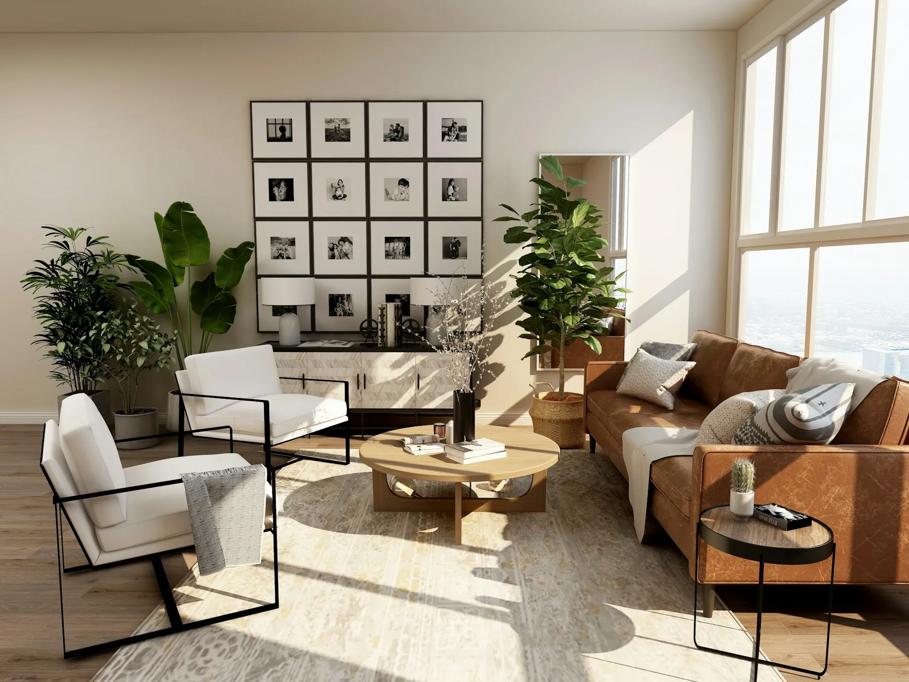 A sunlit living room with warm timber and comfortable seating